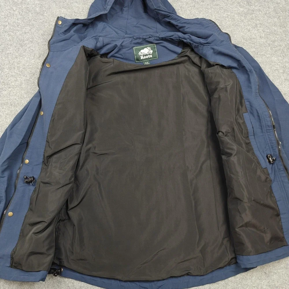Roots Jacket Mens Medium Blue Canvas Hooded Full Zip Anorak Lined Pockets